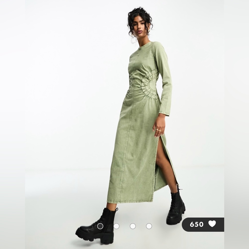 ASOS Design washed twill midi dress with circle side detail in green acid wash